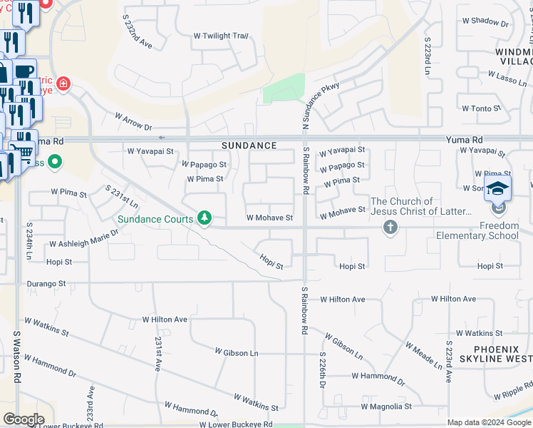 map of restaurants, bars, coffee shops, grocery stores, and more near 22804 West Mohave Street in Buckeye