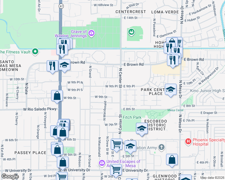 map of restaurants, bars, coffee shops, grocery stores, and more near 39 West 9th Place in Mesa