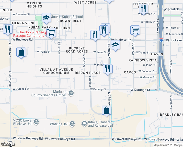 map of restaurants, bars, coffee shops, grocery stores, and more near 1711 South 28th Drive in Phoenix
