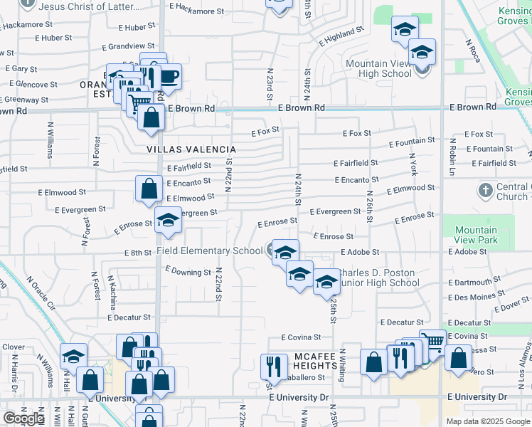 map of restaurants, bars, coffee shops, grocery stores, and more near 2303 East Evergreen Street in Mesa