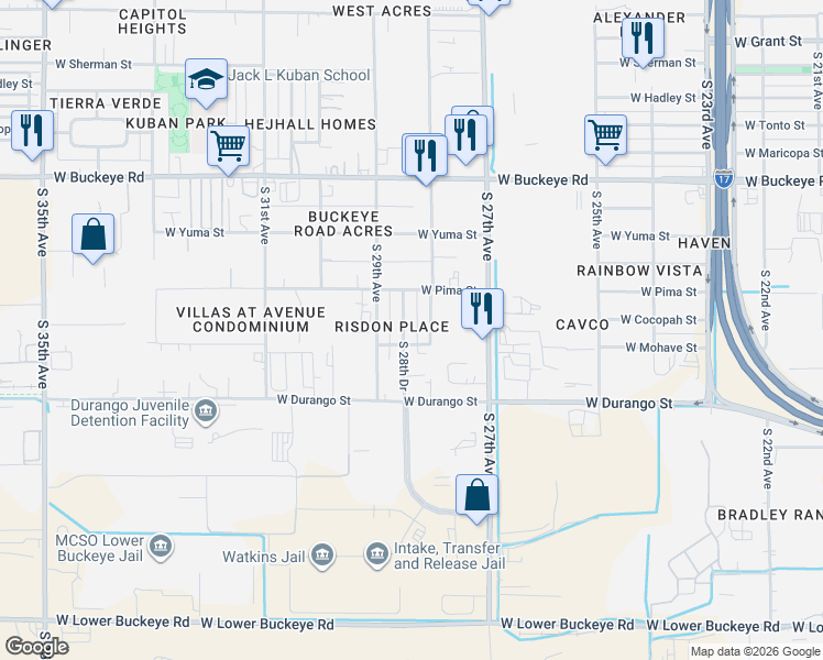 map of restaurants, bars, coffee shops, grocery stores, and more near 1711 South 28th Drive in Phoenix