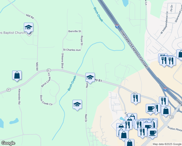 map of restaurants, bars, coffee shops, grocery stores, and more near 15 Jim Alexander Road in McDonough