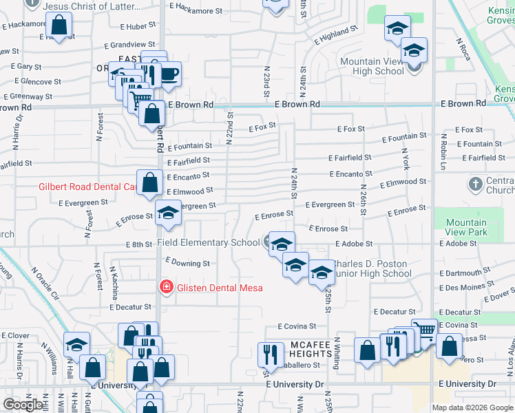 map of restaurants, bars, coffee shops, grocery stores, and more near 2303 East Evergreen Street in Mesa