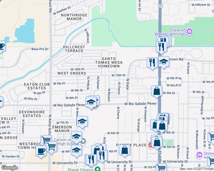 map of restaurants, bars, coffee shops, grocery stores, and more near 919 North Revere in Mesa