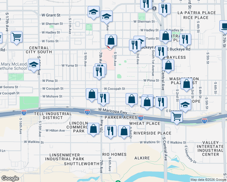map of restaurants, bars, coffee shops, grocery stores, and more near 383 West Cocopah Street in Phoenix