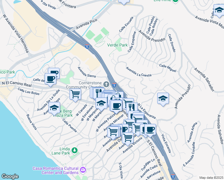 map of restaurants, bars, coffee shops, grocery stores, and more near 525 Avenida Los Flores in San Clemente
