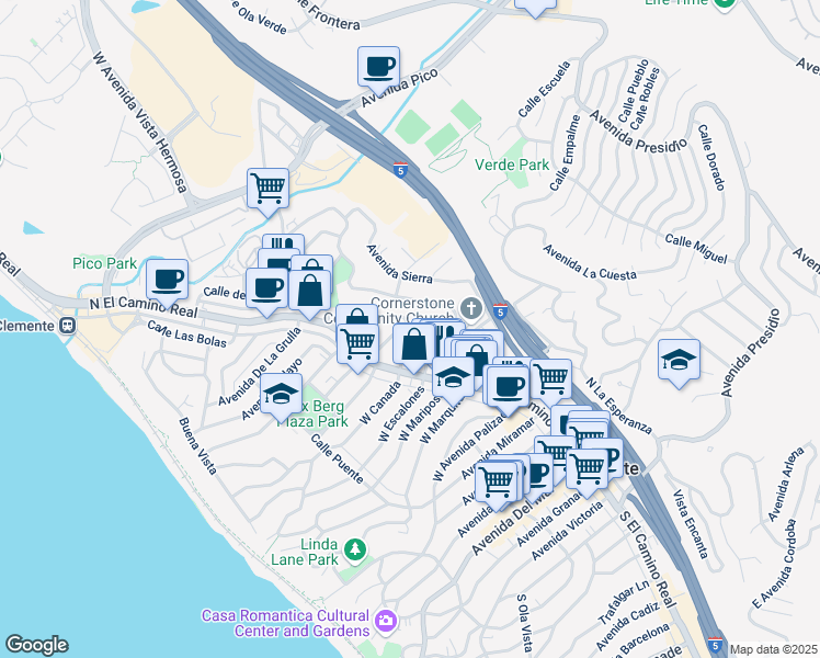 map of restaurants, bars, coffee shops, grocery stores, and more near 122 East El Portal in San Clemente