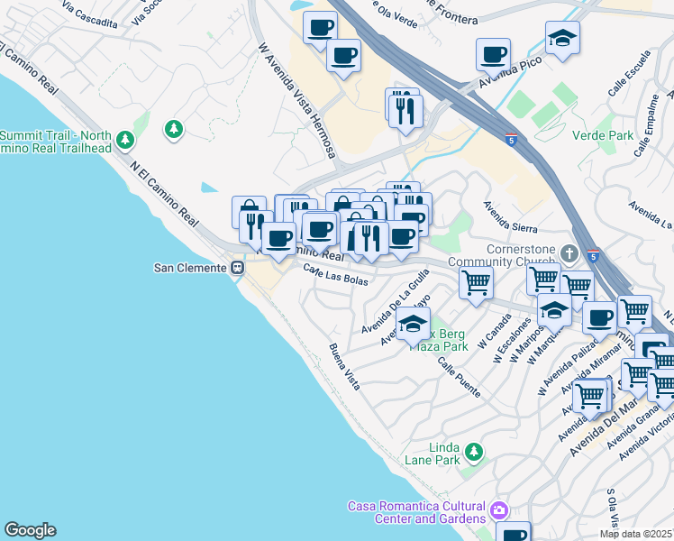 map of restaurants, bars, coffee shops, grocery stores, and more near 1618 Calle Las Bolas in San Clemente