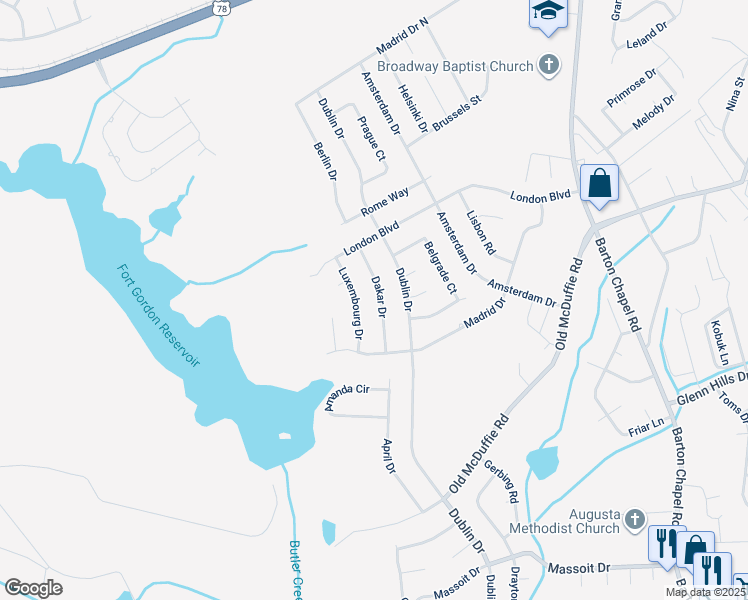 map of restaurants, bars, coffee shops, grocery stores, and more near 2417 Dakar Drive in Augusta