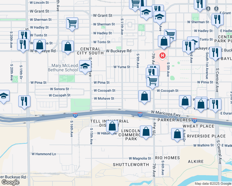 map of restaurants, bars, coffee shops, grocery stores, and more near 1117 West Cocopah Street in Phoenix