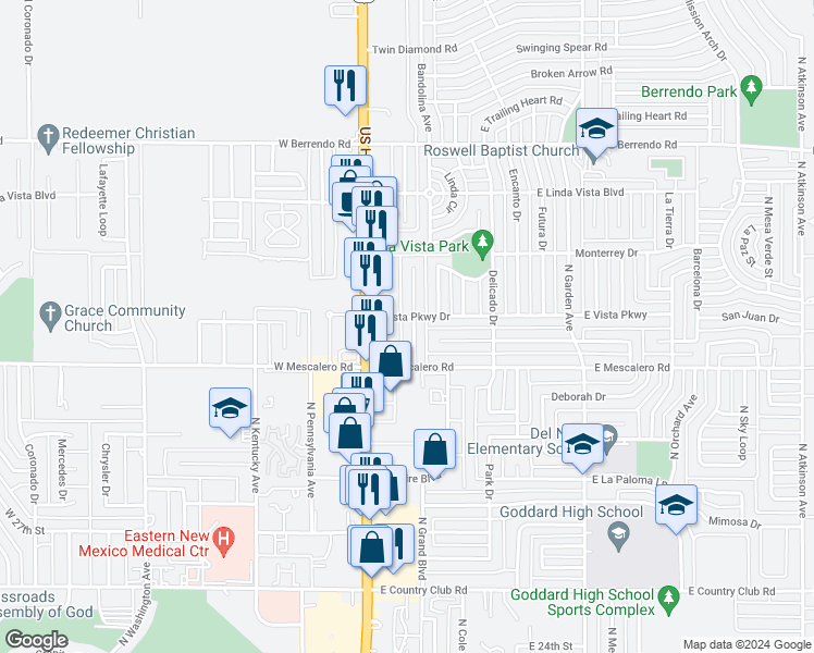 map of restaurants, bars, coffee shops, grocery stores, and more near 2912 North Alhambra Drive in Roswell