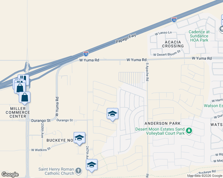 map of restaurants, bars, coffee shops, grocery stores, and more near South Aspen Lane in Buckeye