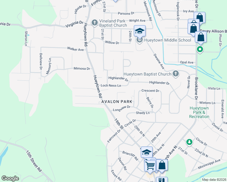 map of restaurants, bars, coffee shops, grocery stores, and more near 121 Loch Ness Lane in Bessemer