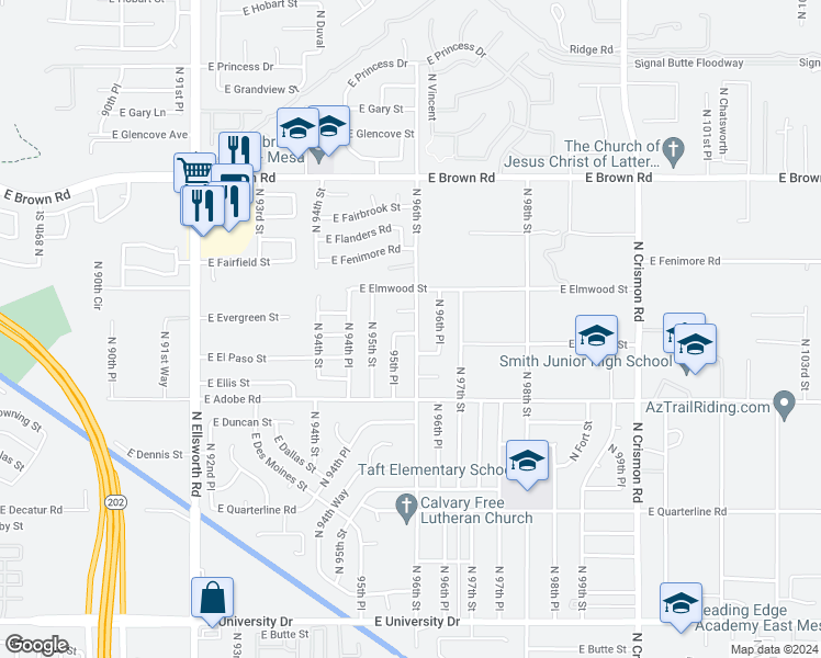map of restaurants, bars, coffee shops, grocery stores, and more near 9540 East Ensenada Street in Mesa