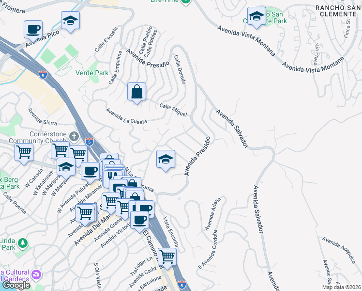 map of restaurants, bars, coffee shops, grocery stores, and more near 215 Calle De Anza in San Clemente