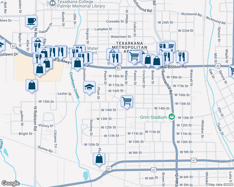 map of restaurants, bars, coffee shops, grocery stores, and more near 6 West 16th Street in Texarkana