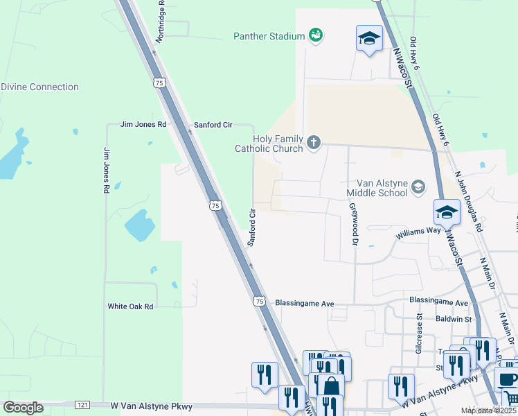map of restaurants, bars, coffee shops, grocery stores, and more near 548 Sanford Circle in Van Alstyne
