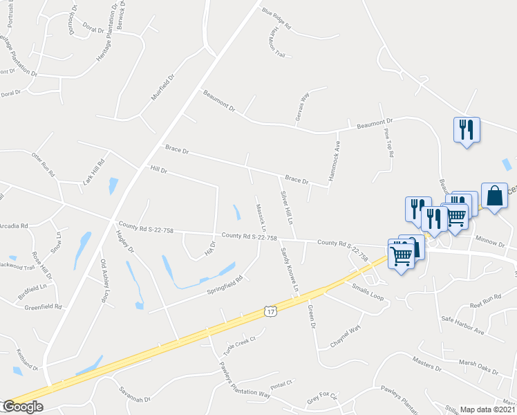map of restaurants, bars, coffee shops, grocery stores, and more near 130 Massick Lane in Pawleys Island