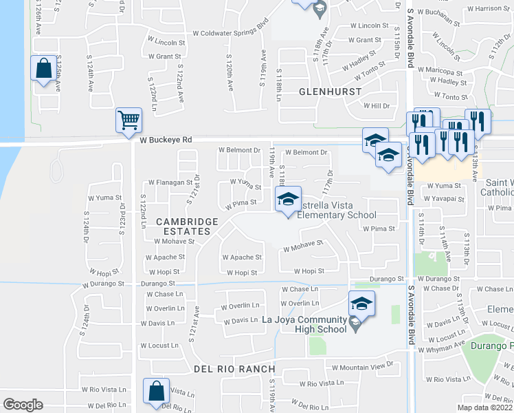 map of restaurants, bars, coffee shops, grocery stores, and more near 11959 West Pima Street in Avondale