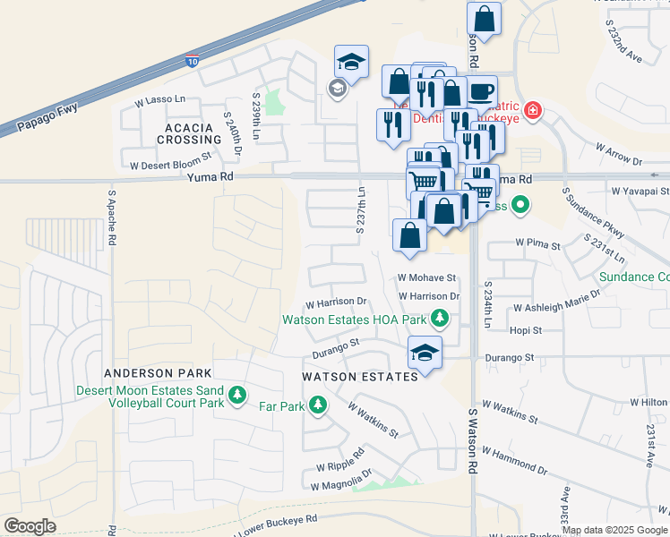 map of restaurants, bars, coffee shops, grocery stores, and more near 23795 West Cocopah Street in Buckeye