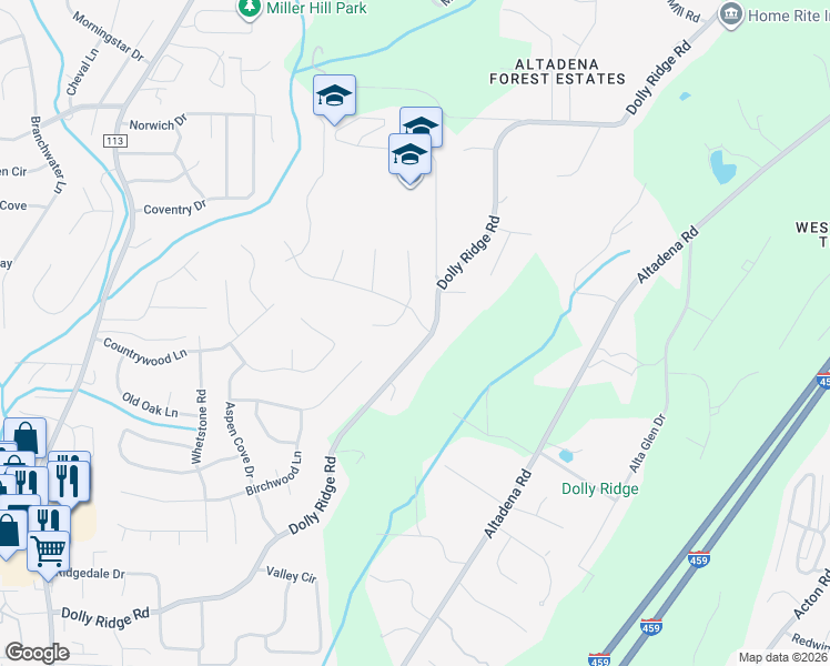 map of restaurants, bars, coffee shops, grocery stores, and more near 2624 Dolly Ridge Road in Vestavia Hills