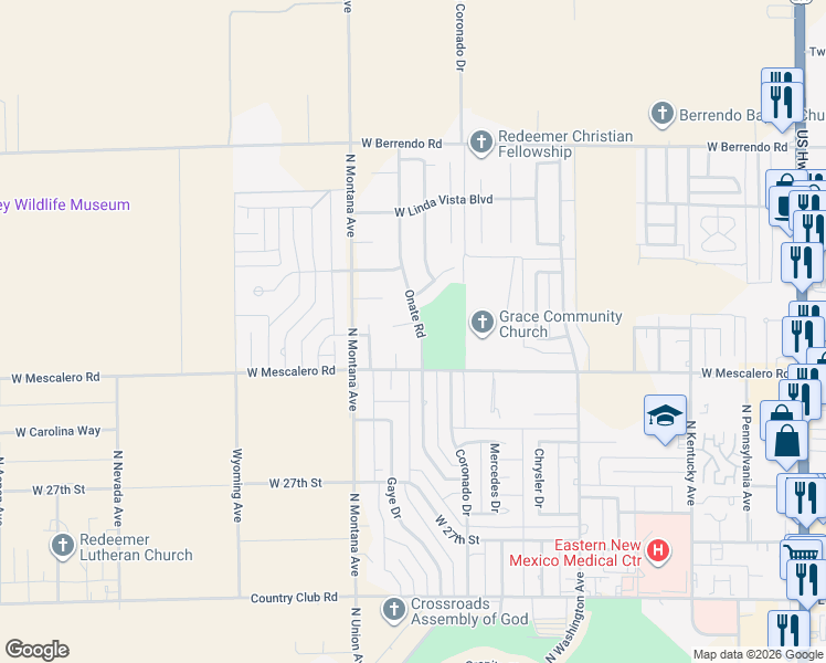 map of restaurants, bars, coffee shops, grocery stores, and more near 2904-2956 Onate Road in Roswell