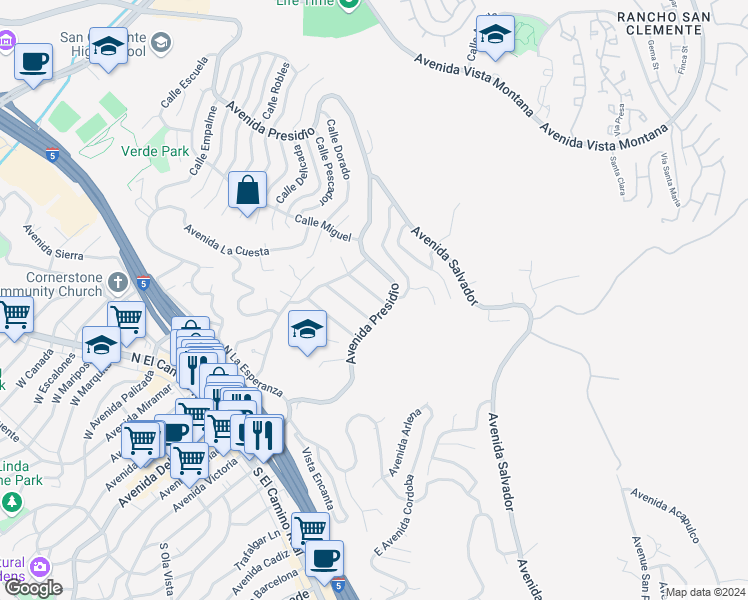 map of restaurants, bars, coffee shops, grocery stores, and more near 205 Calle Sonora in San Clemente