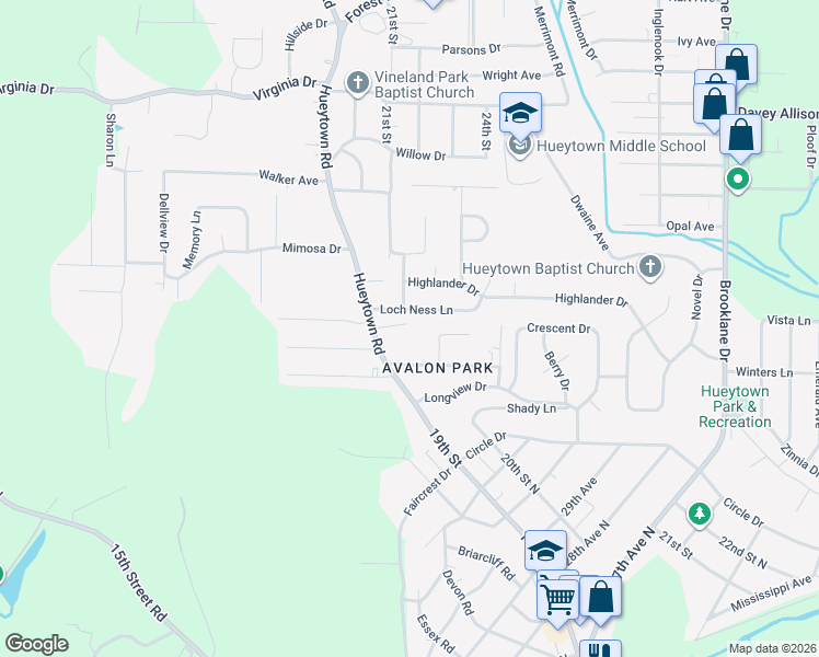 map of restaurants, bars, coffee shops, grocery stores, and more near 121 Loch Ness Lane in Bessemer