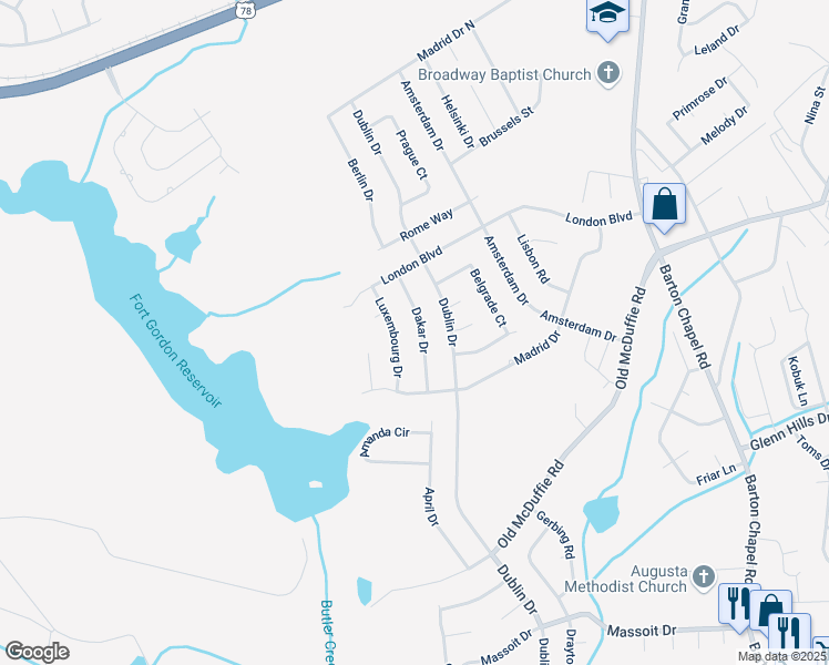 map of restaurants, bars, coffee shops, grocery stores, and more near 2417 Dakar Drive in Augusta