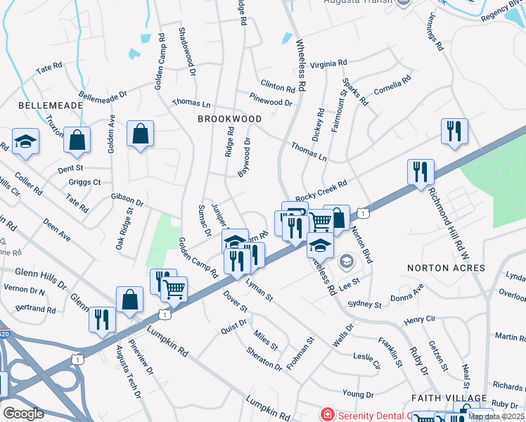 map of restaurants, bars, coffee shops, grocery stores, and more near 3012 Acorn Road in Augusta