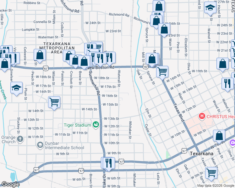 map of restaurants, bars, coffee shops, grocery stores, and more near 1602 West 16th Street in Texarkana