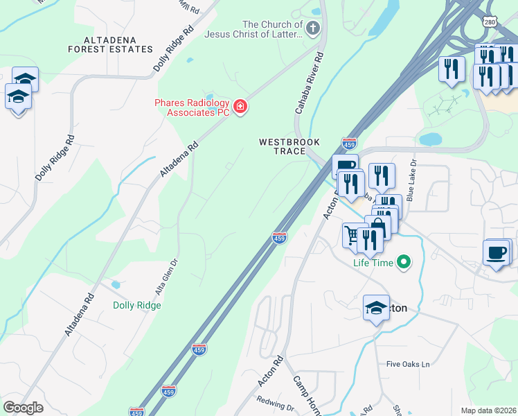 map of restaurants, bars, coffee shops, grocery stores, and more near 2678 Denyse Drive in Birmingham