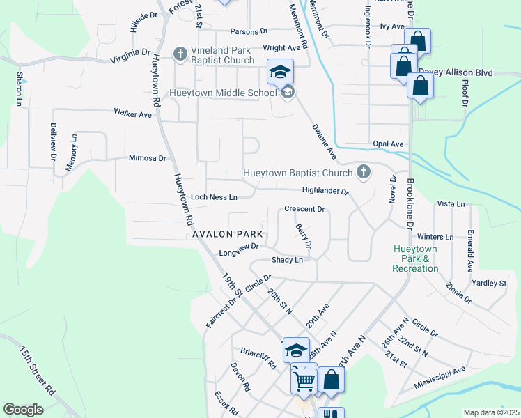 map of restaurants, bars, coffee shops, grocery stores, and more near 3417 Avalon Court in Hueytown