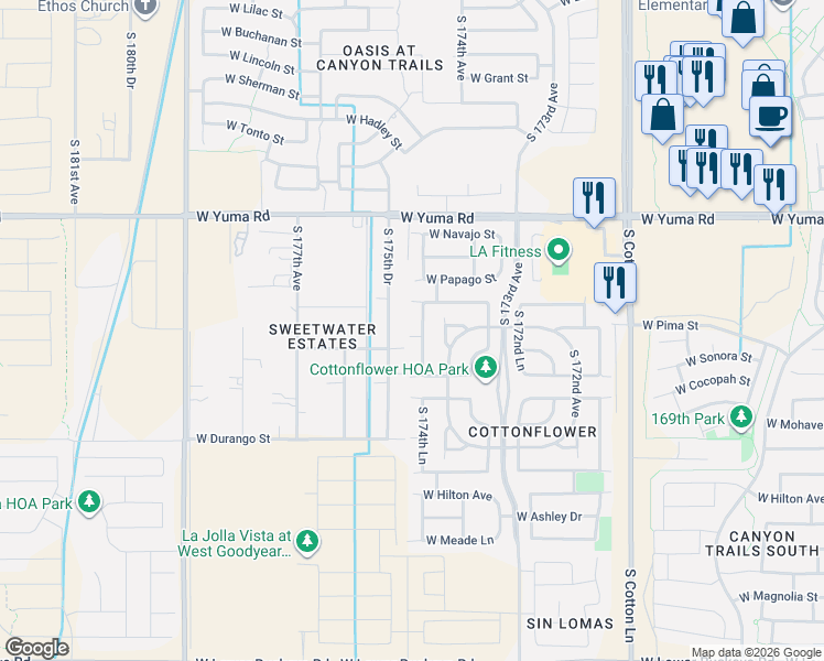 map of restaurants, bars, coffee shops, grocery stores, and more near 1622 South 174th Lane in Goodyear