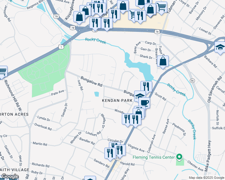 map of restaurants, bars, coffee shops, grocery stores, and more near 2211 Bungalow Road in Augusta