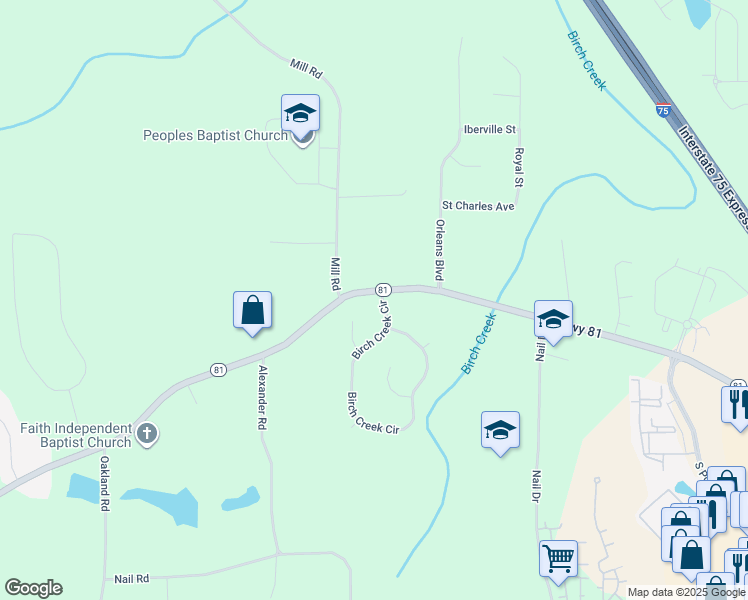 map of restaurants, bars, coffee shops, grocery stores, and more near 105 Birch Creek Circle in McDonough