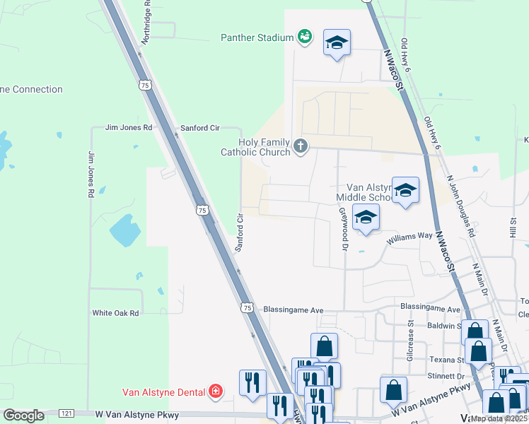 map of restaurants, bars, coffee shops, grocery stores, and more near 548 Sanford Circle in Van Alstyne