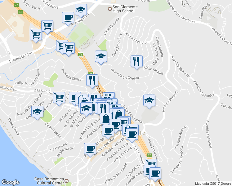 map of restaurants, bars, coffee shops, grocery stores, and more near 141 Avenida De La Paz in San Clemente