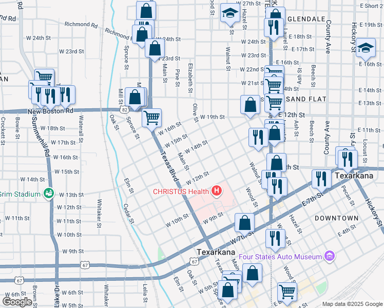 map of restaurants, bars, coffee shops, grocery stores, and more near 701 West 14th Street in Texarkana