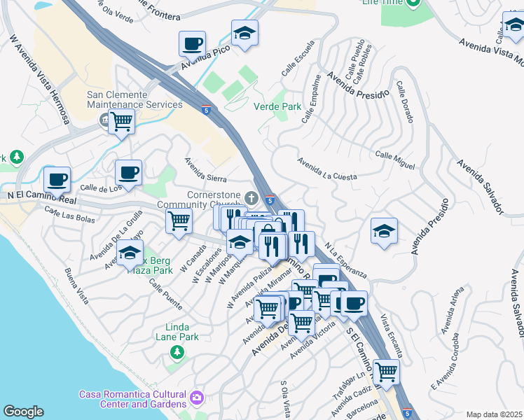 map of restaurants, bars, coffee shops, grocery stores, and more near 525 Avenida Los Flores in San Clemente