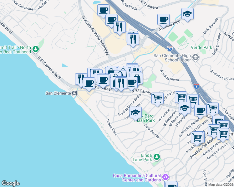 map of restaurants, bars, coffee shops, grocery stores, and more near 1520 El Camino Real in San Clemente