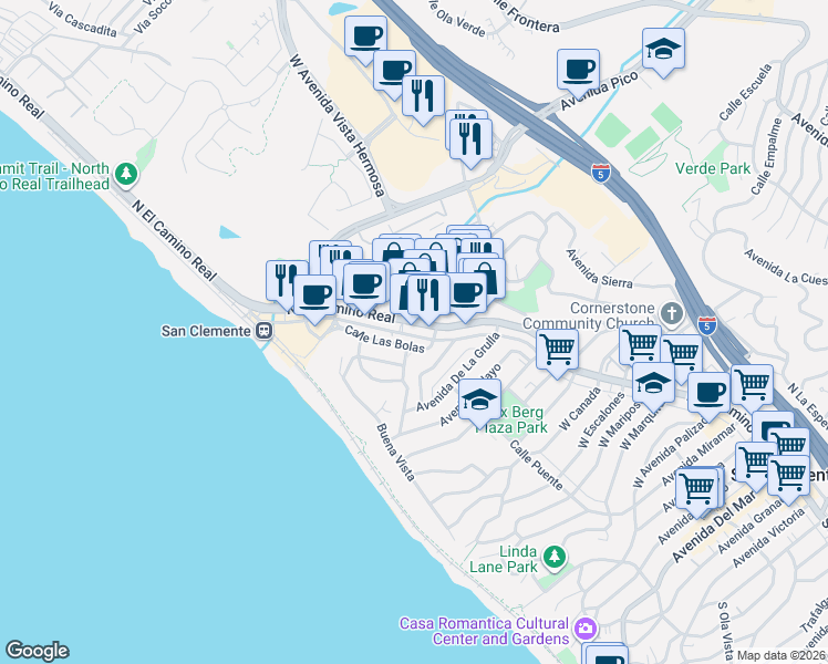 map of restaurants, bars, coffee shops, grocery stores, and more near 1520 North El Camino Real in San Clemente