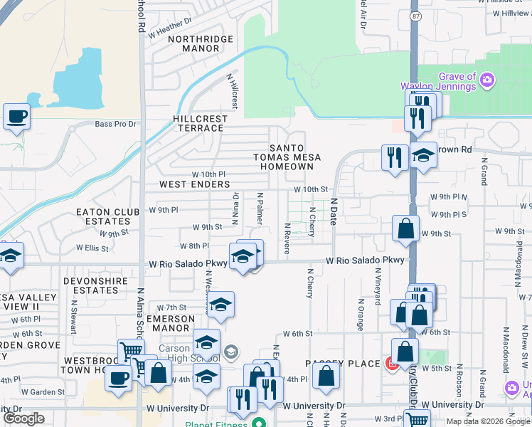 map of restaurants, bars, coffee shops, grocery stores, and more near 923 North Heritage in Mesa
