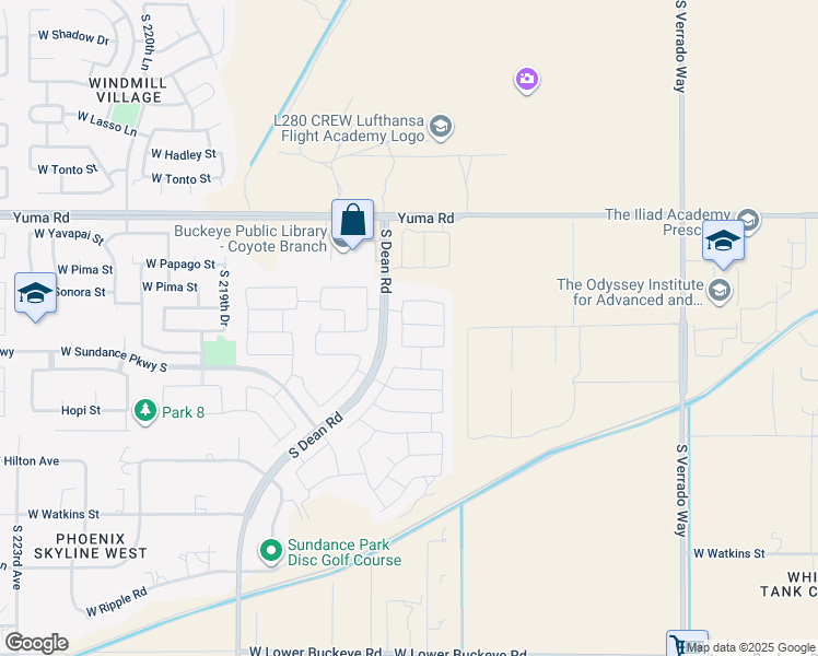 map of restaurants, bars, coffee shops, grocery stores, and more near 21591 West Cocopah Street in Buckeye