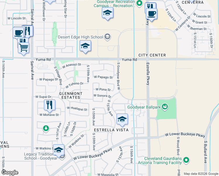 map of restaurants, bars, coffee shops, grocery stores, and more near 15762 West Pima Street in Goodyear