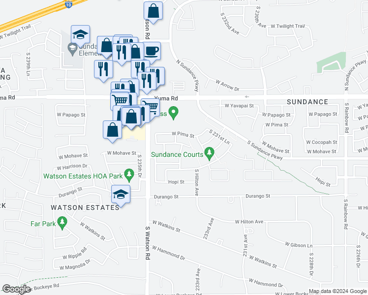 map of restaurants, bars, coffee shops, grocery stores, and more near 23353 West Cocopah Street in Buckeye