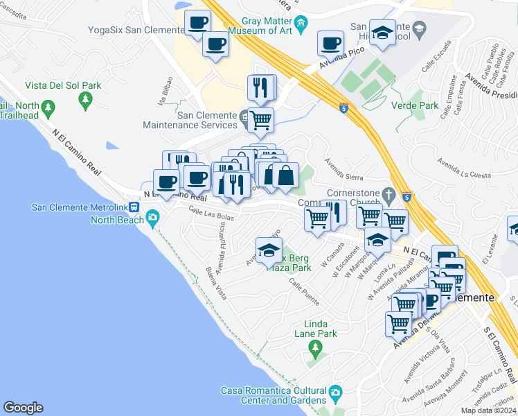 map of restaurants, bars, coffee shops, grocery stores, and more near 1426 North El Camino Real in San Clemente