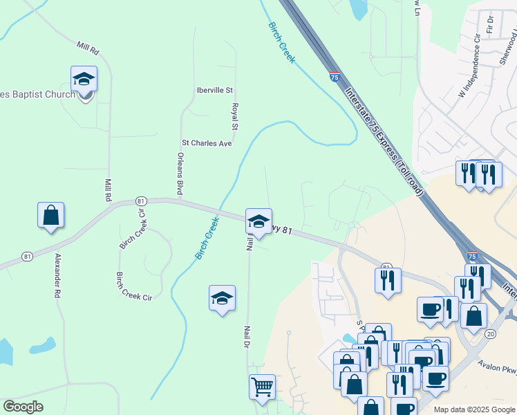 map of restaurants, bars, coffee shops, grocery stores, and more near 15 Jim Alexander Road in McDonough