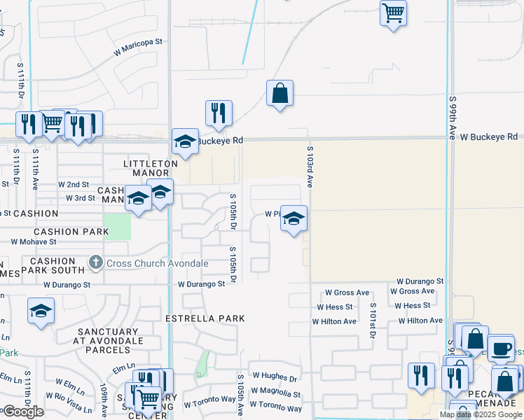 map of restaurants, bars, coffee shops, grocery stores, and more near 10426 West Pima Street in Phoenix