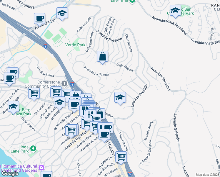 map of restaurants, bars, coffee shops, grocery stores, and more near 104 Avenida Patero De Oro in San Clemente